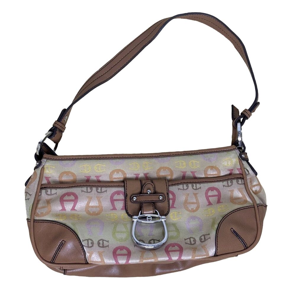 Etienne Aigner Canvas Faux Leather Satchel Purse Logo
